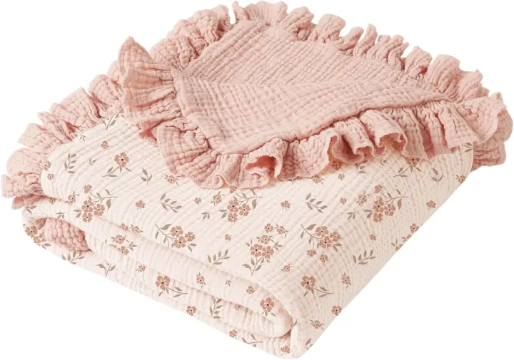 100% Cotton Muslin Baby Blanket with Ruffle Trim — 43 x 39 in