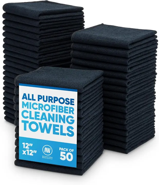 12 x 12 Microfiber Cleaning Cloths — 50-Pack Reusable Towels (Black)