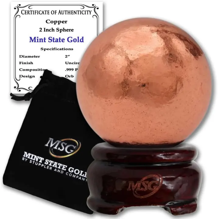 2-inch .999 Pure Copper Sphere Paperweight with Display Base