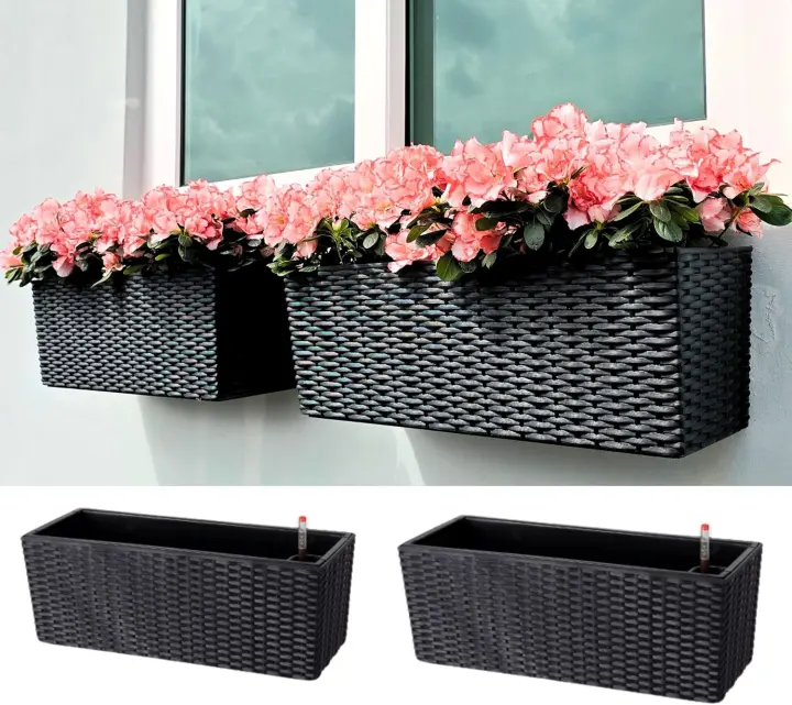 20in Self-Watering Wall Planters — 2-Pack Black Window Boxes