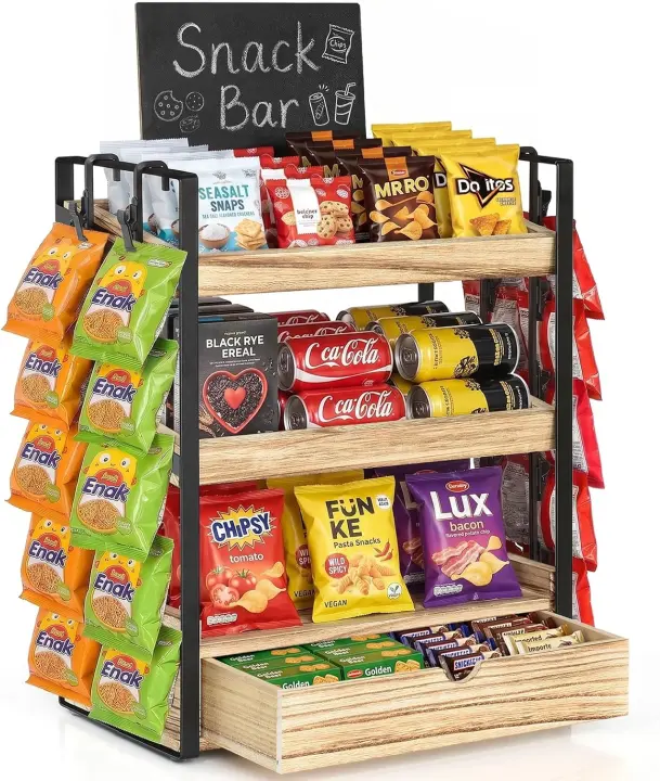 3-Tier Snack Bar Organizer with Drawer & 20 Clips — Snack Display Rack