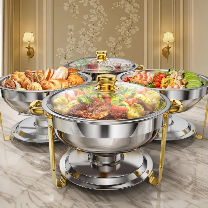 4-Pack 6-Quart Round Chafing Dish Set with Glass Lids, Stainless Steel
