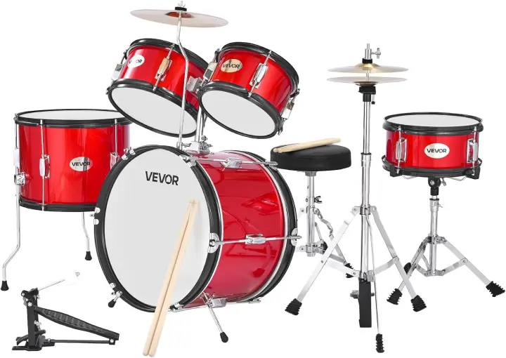 5-Piece 16" Kids Drum Set with Adjustable Throne — Red