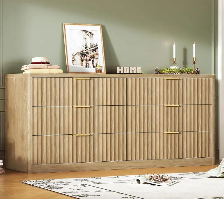 56.3-inch 6-Drawer Fluted Wood Dresser with Curved Front