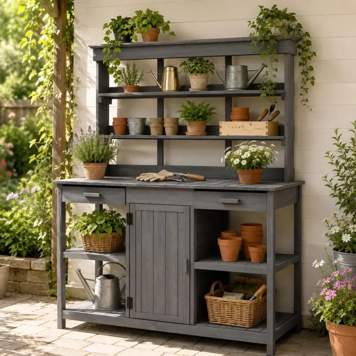 66-inch Outdoor Potting Table with Open Shelves, Drawers & Cabinet