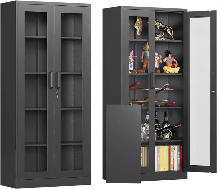 71in Locking Glass Display Cabinet — Metal Curio Cabinet