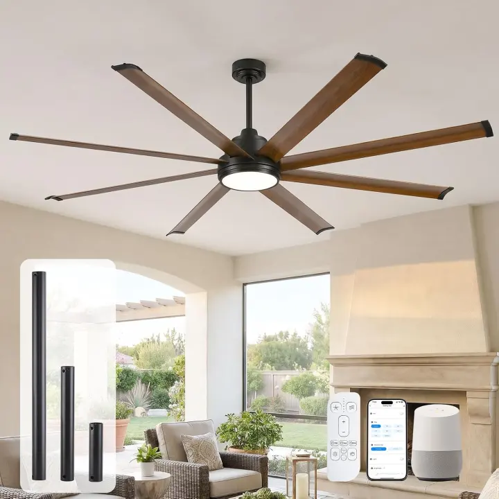 72-inch Outdoor Ceiling Fan with Light — Smart DC, 8-Blade Walnut Finish