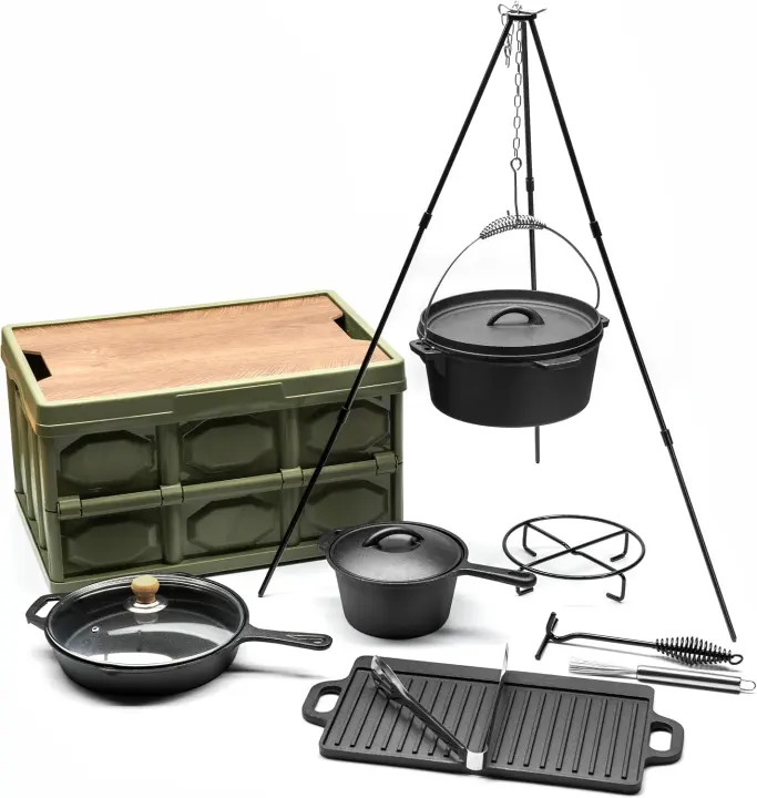 8-Piece Cast Iron Camping Cook Set with Tripod & Grill Accessories
