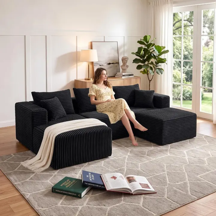 93" U-Shaped Boneless Corduroy Sectional with Chaise and Ottoman