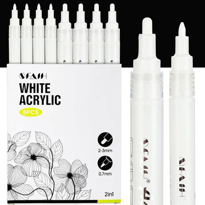 Acrylic White Paint Pens — 8-Pack with 0.7mm & 2–3mm Tips