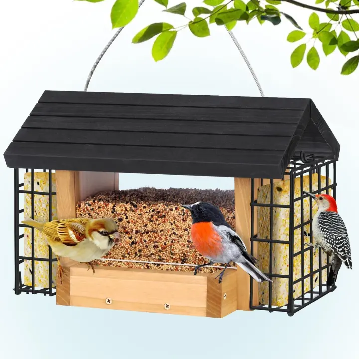 Cedar Hanging Wooden Bird Feeder with Double Suet Cages