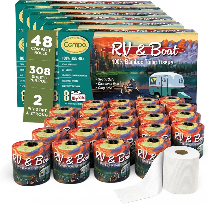 Compo 100% Bamboo Rapid-Dissolve RV & Boat Toilet Paper — 48 Rolls