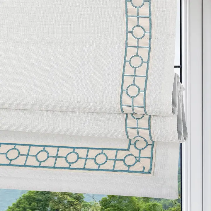 Cordless Roman Shades — White Fabric with Embroidered Blue Border