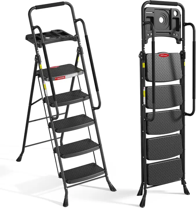 HBTower 5-Step Folding Ladder with Handrails & Tool Tray