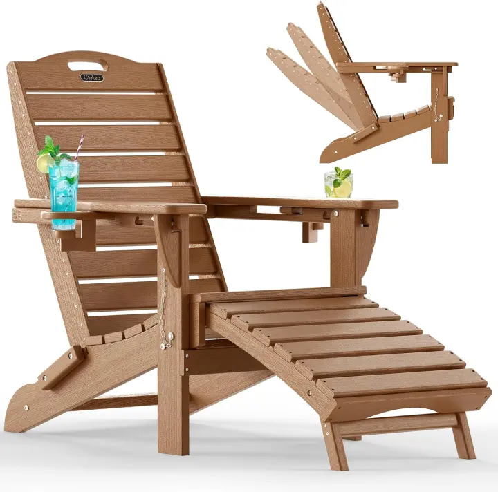 HDPE Folding Adirondack Lounge Chair with Pull-Out Footrest — Teak