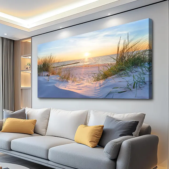 Large Canvas Wall Art — Oversized Blue Beach Landscape for Living Room