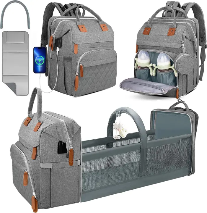 Large Diaper Backpack with Bottle Holders & Changing Pad (Grey)