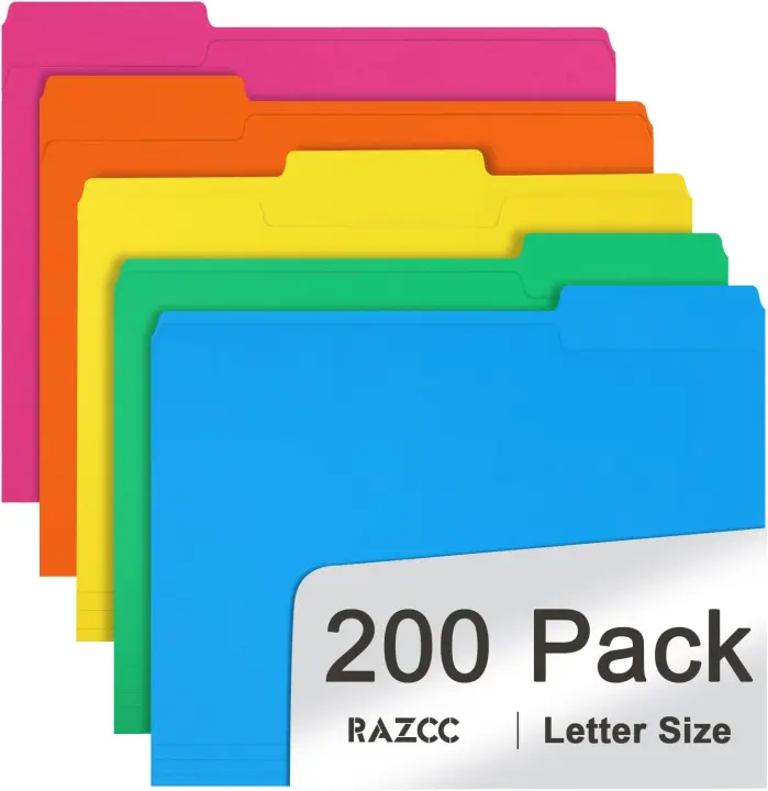 Letter-Size Colored File Folders — 200-Pack, 1/3-Cut Tabs, Assorted 5 Colors