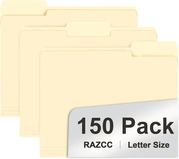 Letter-Size Manila File Folders — 150 Pack, 1/3-Cut Three-Position Tabs