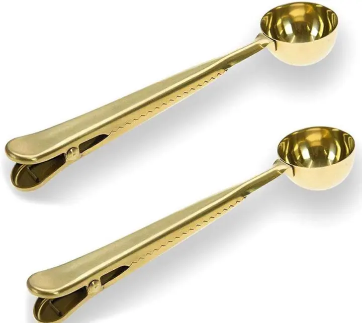 Long-Handled Stainless Steel Coffee Scoop with Bag Clip — 2-Piece Gold Set