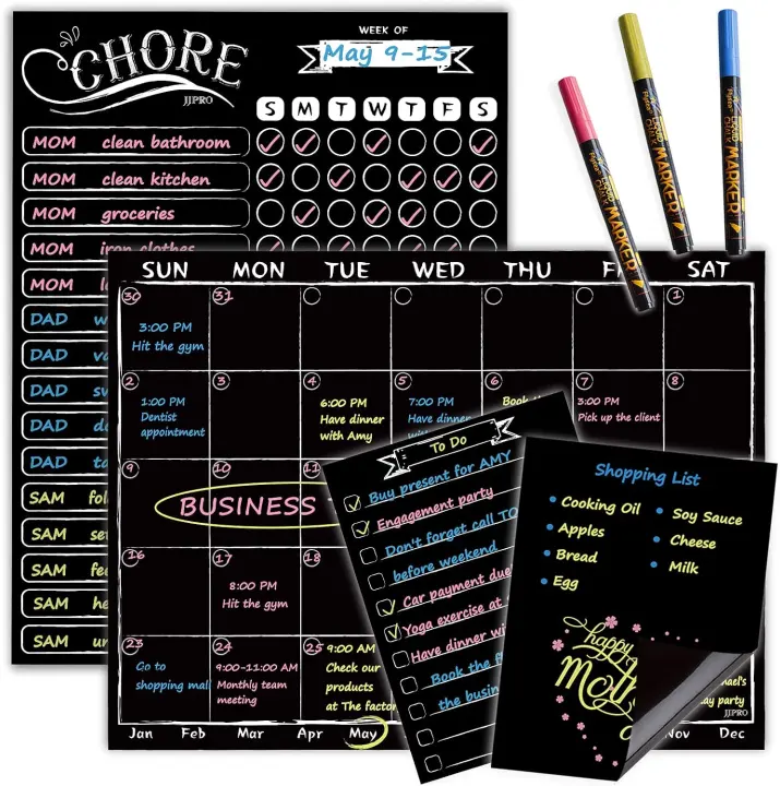 Magnetic Chalkboard Monthly Calendar & Chore Chart Set with Neon Markers