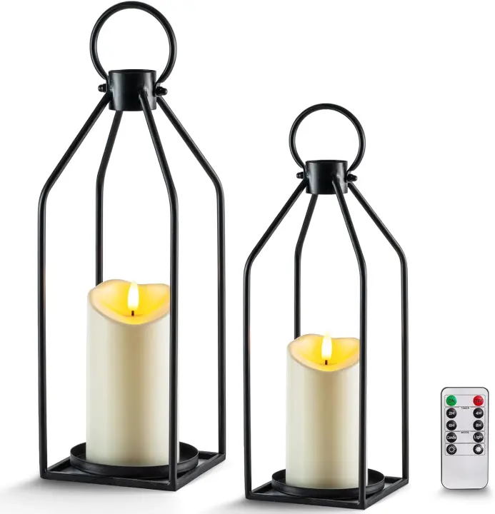 Modern Farmhouse Black Metal Lanterns — 2‑Pack with Flameless Candles