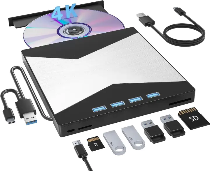 Portable External 4K UHD Blu‑ray Drive with USB Hub