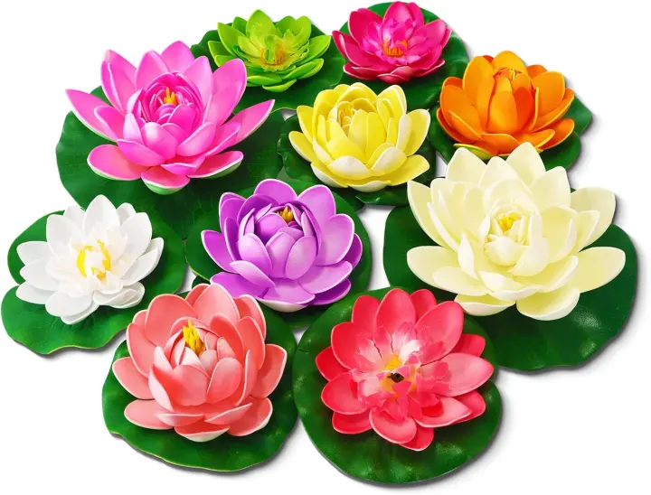 Set of 10 Floating Artificial Lotus Flowers for Pond & Pool Decor
