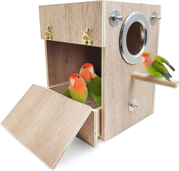 Wooden Bird Breeding Box with Window — Nesting House for Parakeets & Parrots