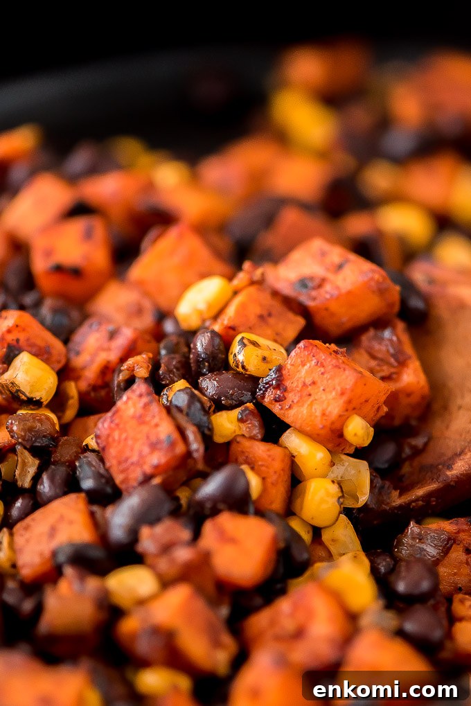 Sweet potato and black bean filling Black bean, sweet potato, and fire roasted corn filling for meatless enchiladas.