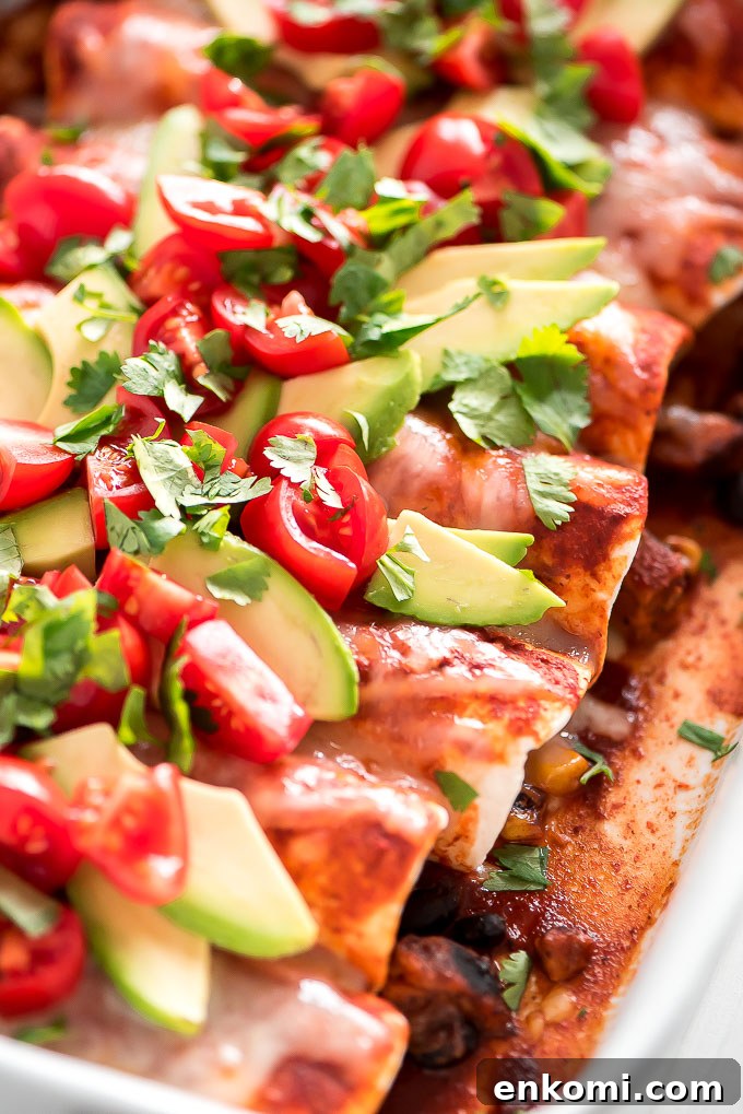 Close up of enchiladas Close up of Black Bean and Sweet Potato Enchiladas topped with melted cheese, avocado slices, cilantro, and diced tomatoes.