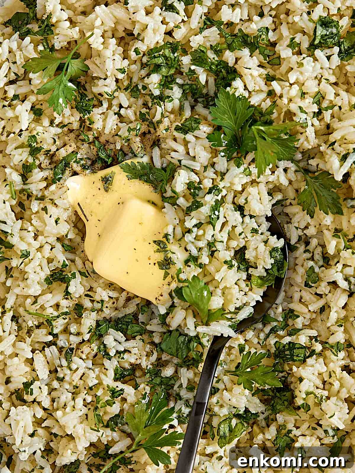 Garlic Butter Rice Recipe: Fluffy, Flavorful Side Dish 2 close up top down shot of garlic butter rice