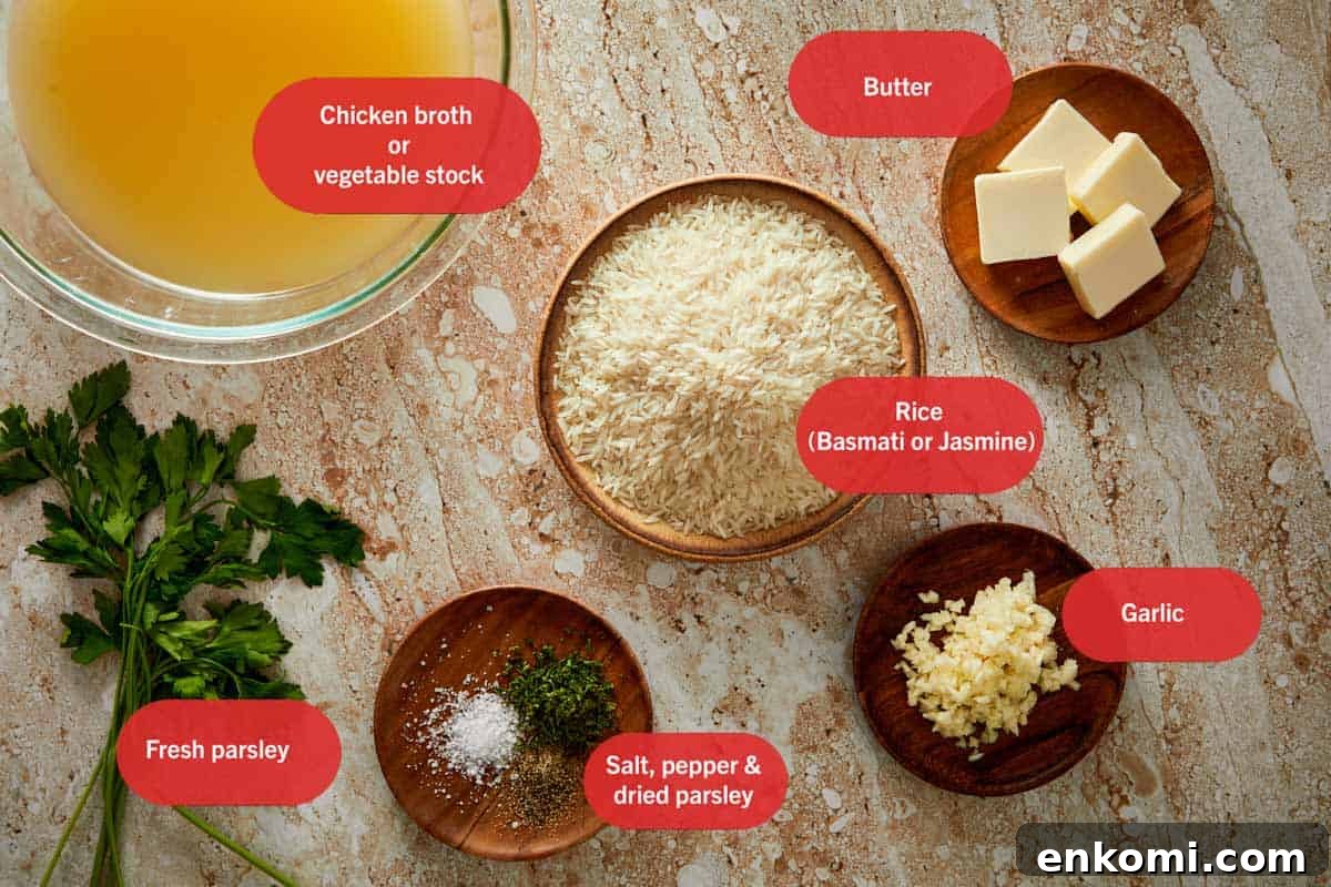 Garlic Butter Rice Recipe: Fluffy, Flavorful Side Dish 3 top down photo of a collection of ingredients used in garlic butter rice