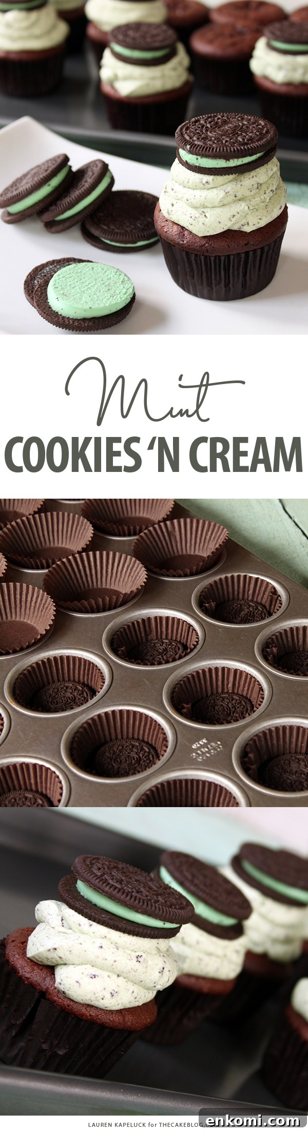 Mint Cookies and Cream Cupcakes Recipe for Refreshing Dessert 2 Mint Cookies 'N Cream Cupcakes with cookies in the cake and in the frosting | by Lauren Kapeluck for TheCakeBlog.com