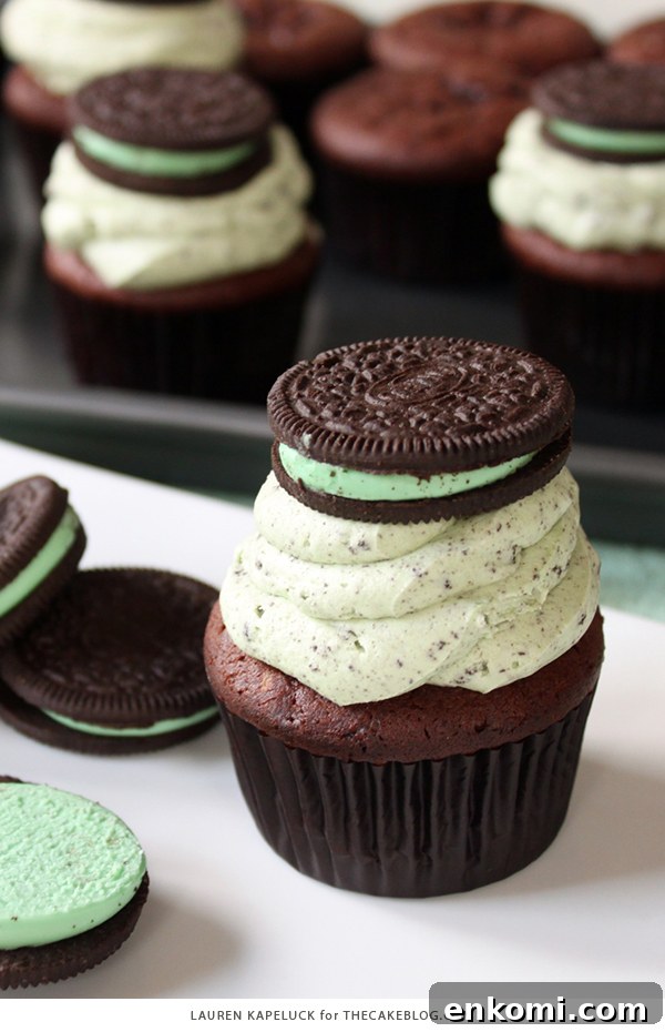 Mint Cookies and Cream Cupcakes Recipe for Refreshing Dessert 3 Mint Cookies 'N Cream Cupcakes with cookies in the cake and in the frosting | by Lauren Kapeluck for TheCakeBlog.com