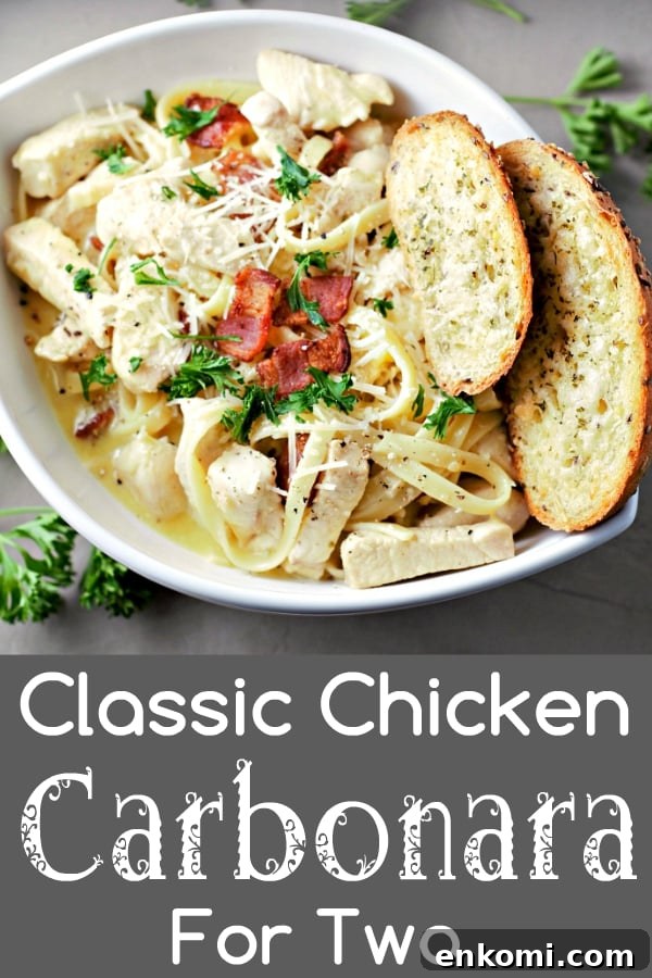 a graphic of traditional Chicken Carbonara for Two.