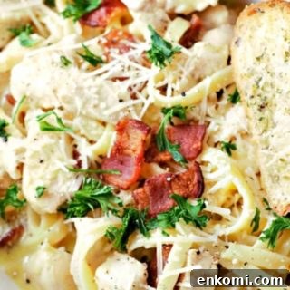 Chicken Carbonara in a bowl.