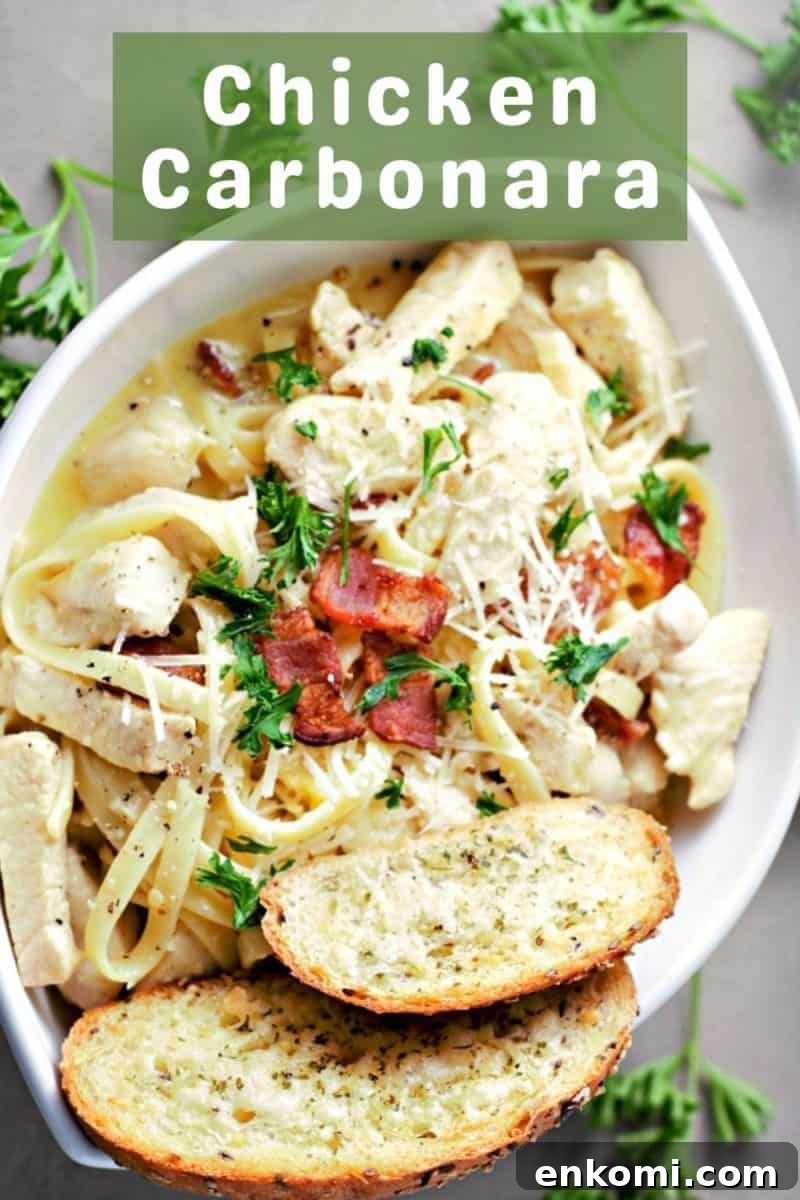 a bowl filled with Classic Chicken Carbonara.