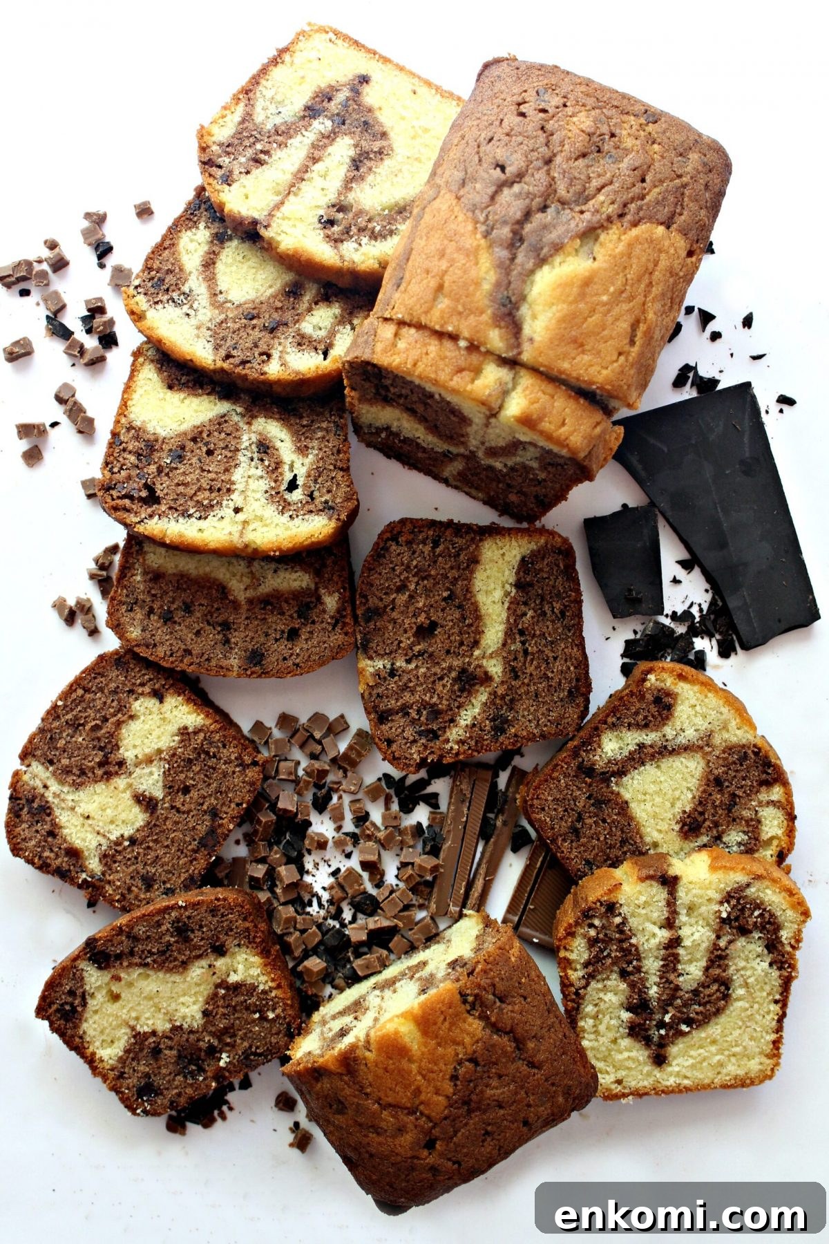 Chocolate Marble Pound cake, with caramel and chocolate swirls, cut into slices.  