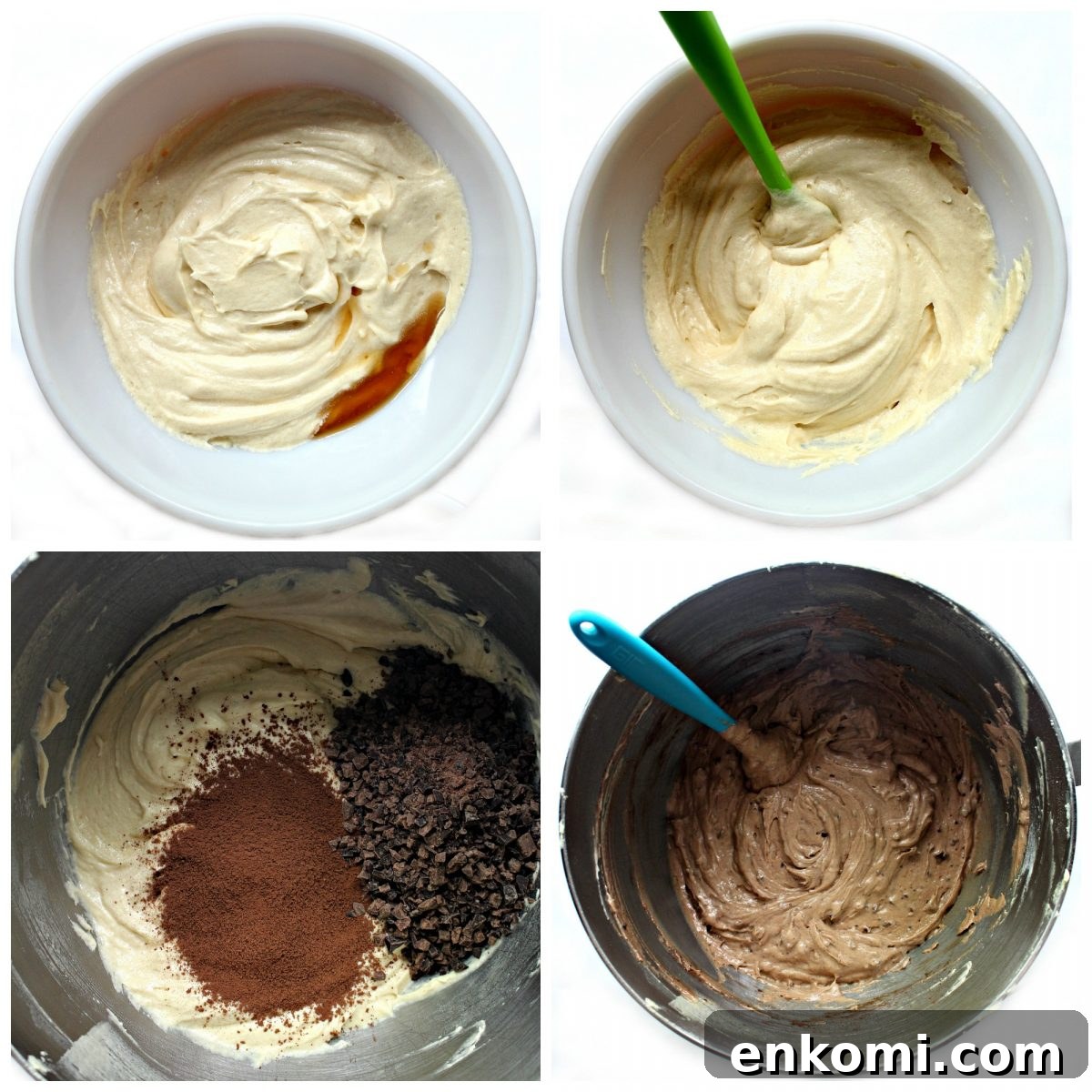 Process collage showing batter with vanilla added and batter with cocoa and chocolate added.