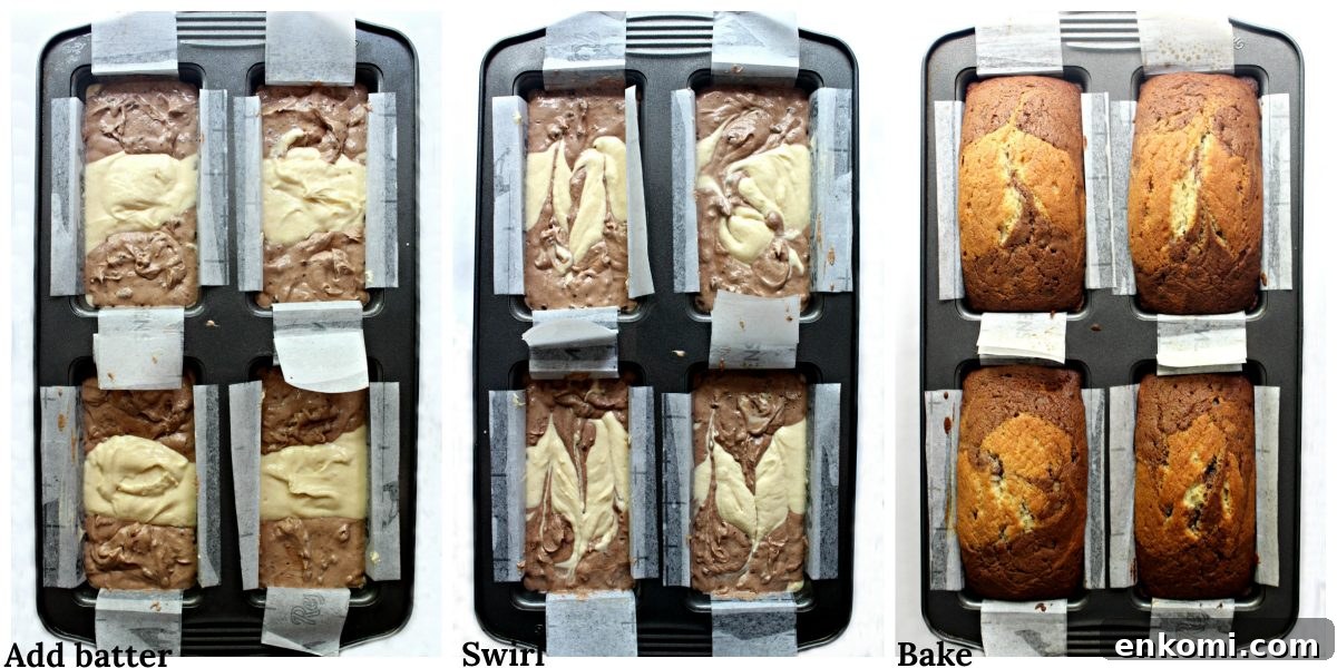Process of batter and cakes in the pan with text overlay; add batter, swirl, bake.