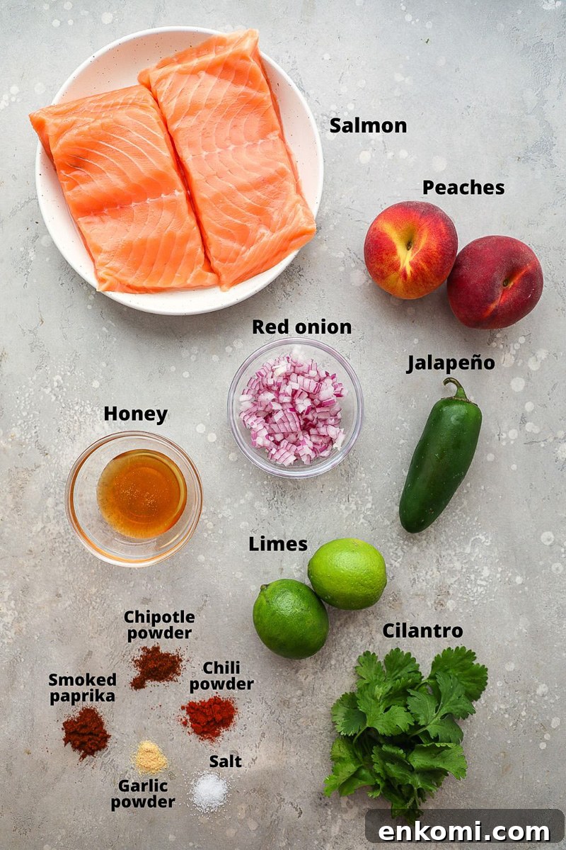 Ingredients used to make chipotle salmon with peach salsa