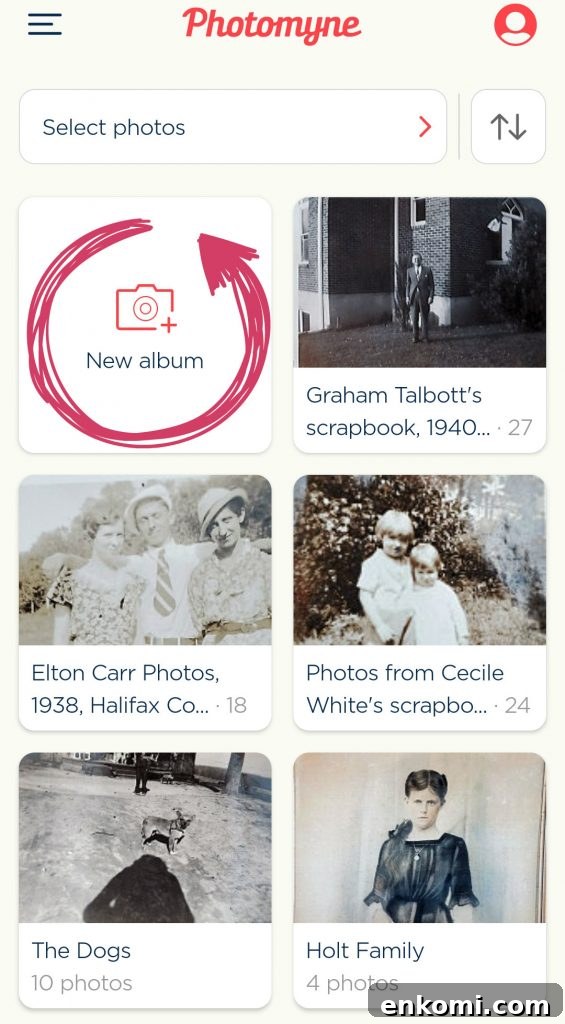 Photomyne app with "New Album" highlighted