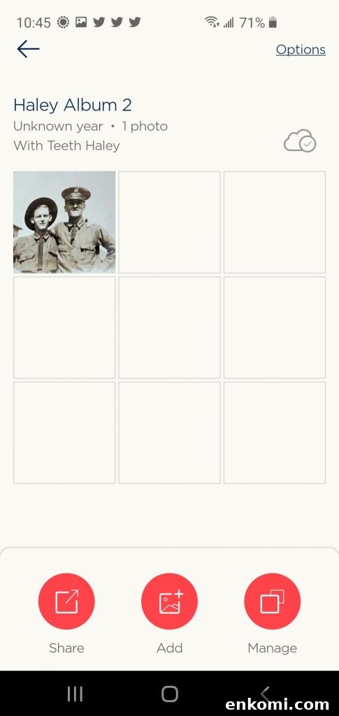 Photomyne app showing a digital album labeled Haley Album 2