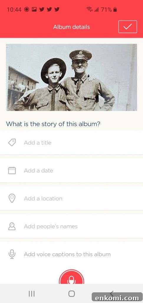 Story Album page of Photomyne app with space to add title, date, location and names