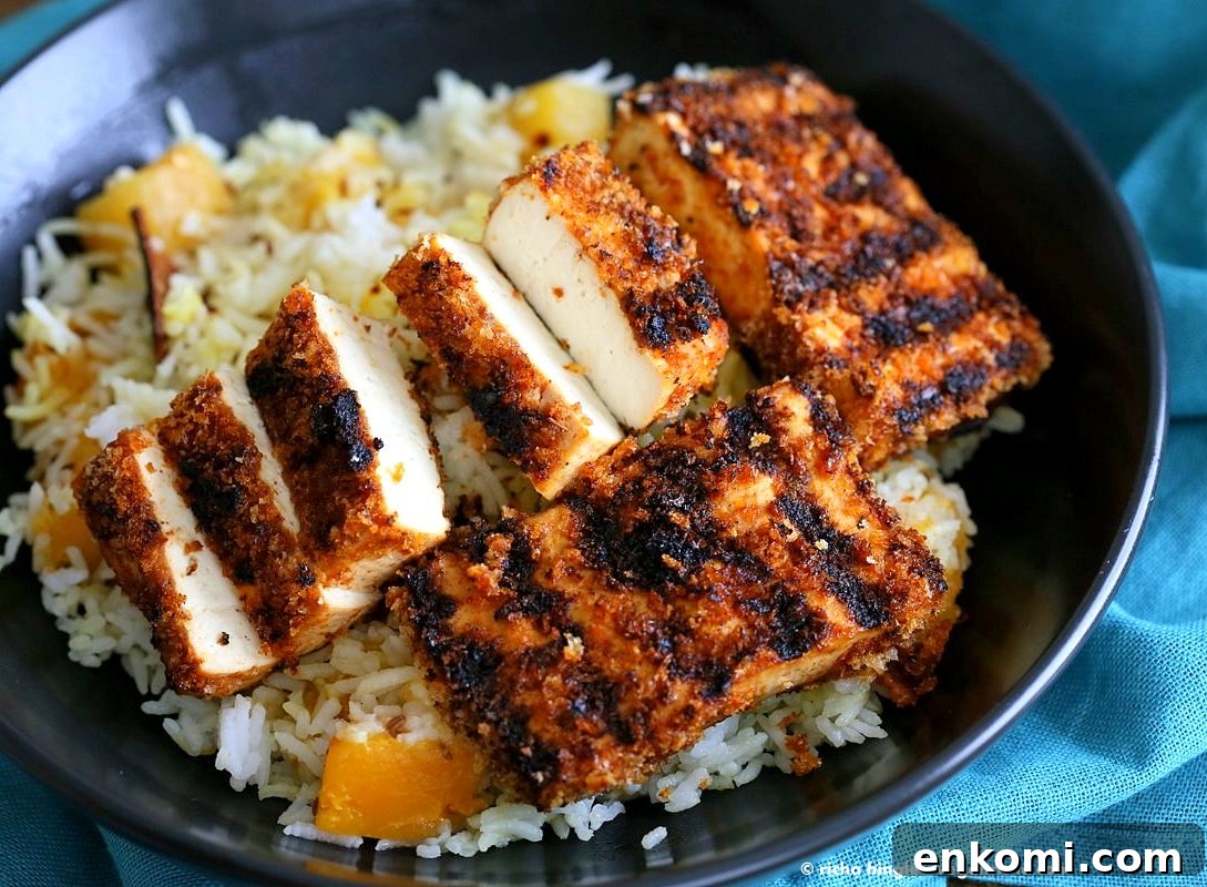 Butternut Squash Pilaf with Whole Spices - Cardamom, cloves, cinnamon and Breaded Tofu Strips. Use other squash or pumpkin and spices of choice. | VeganRicha.com #Vegan #Glutenfree #Holiday #side #Recipe
