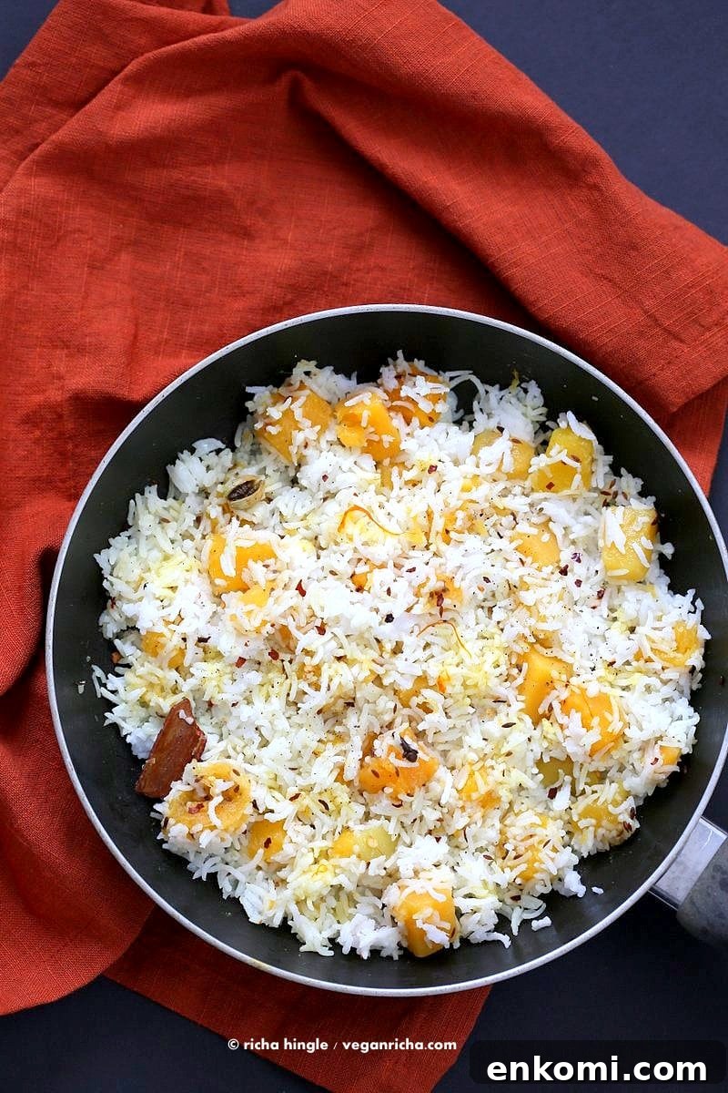 Butternut Squash Pilaf with Whole Spices - Cardamom, cloves, cinnamon. Use other squash or pumpkin and spices of choice. | VeganRicha.com #Vegan #Glutenfree #Holiday #side #Recipe
