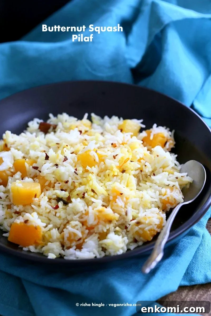 Butternut Squash Pilaf with Whole Spices - Cardamom, cloves, cinnamon. Use other squash or pumpkin and spices of choice. | VeganRicha.com #Vegan #Glutenfree #Holiday #side #Recipe