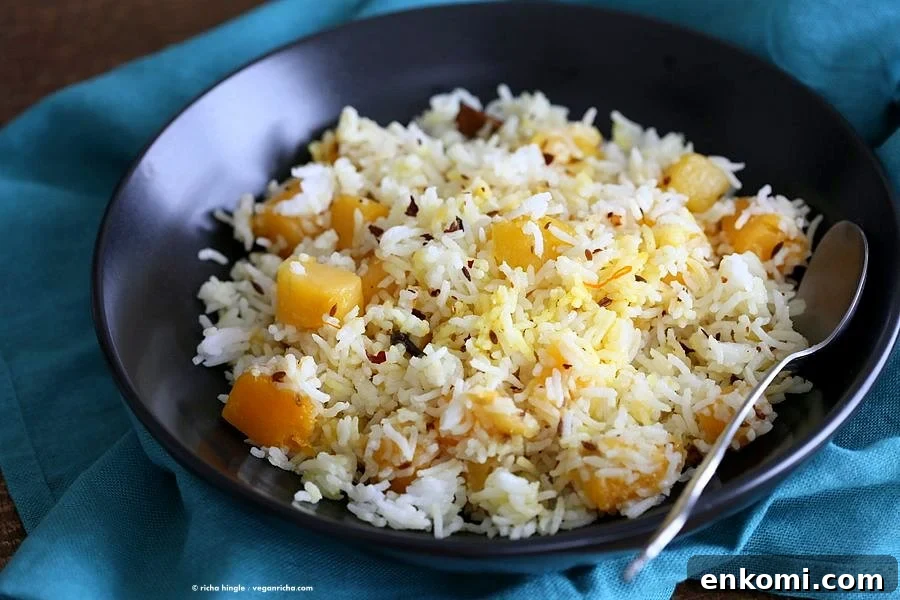 Butternut Squash Pilaf with Whole Spices - Cardamom, cloves, cinnamon. Use other squash or pumpkin and spices of choice. | VeganRicha.com #Vegan #Glutenfree #Holiday #side #Recipe