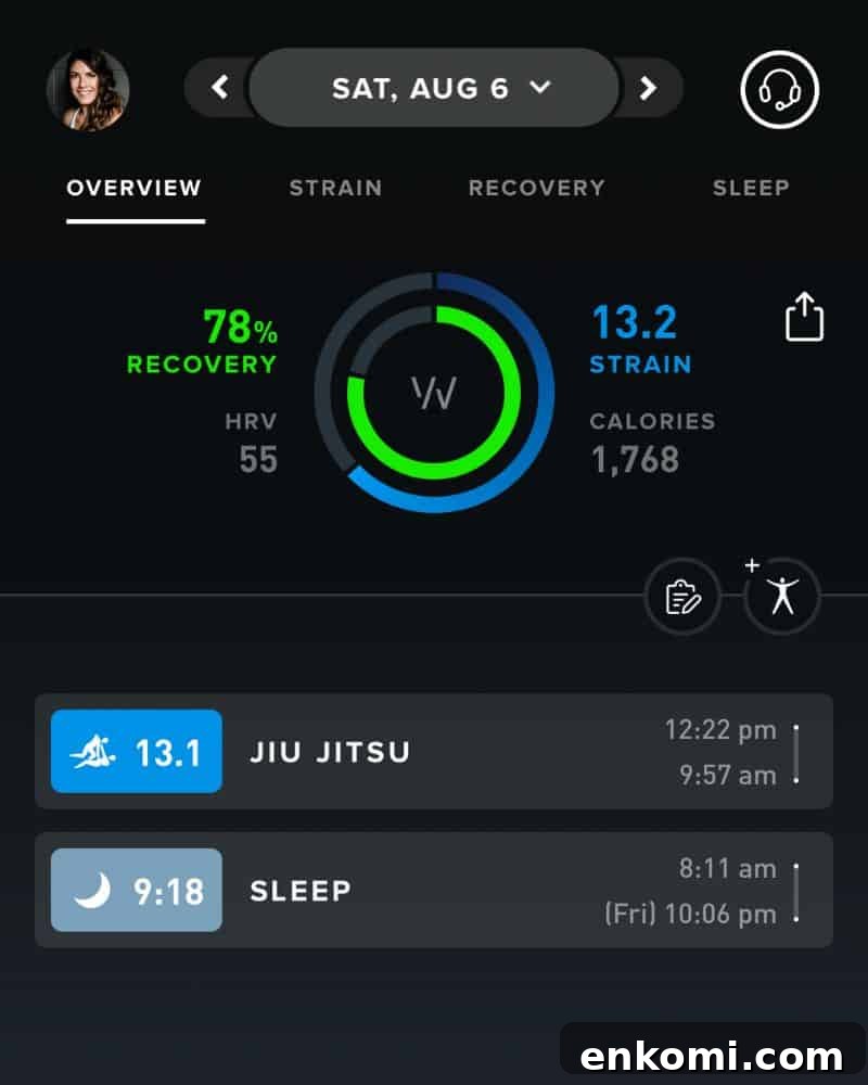 screenshot of sample displays from the whoop app showing a green recovery